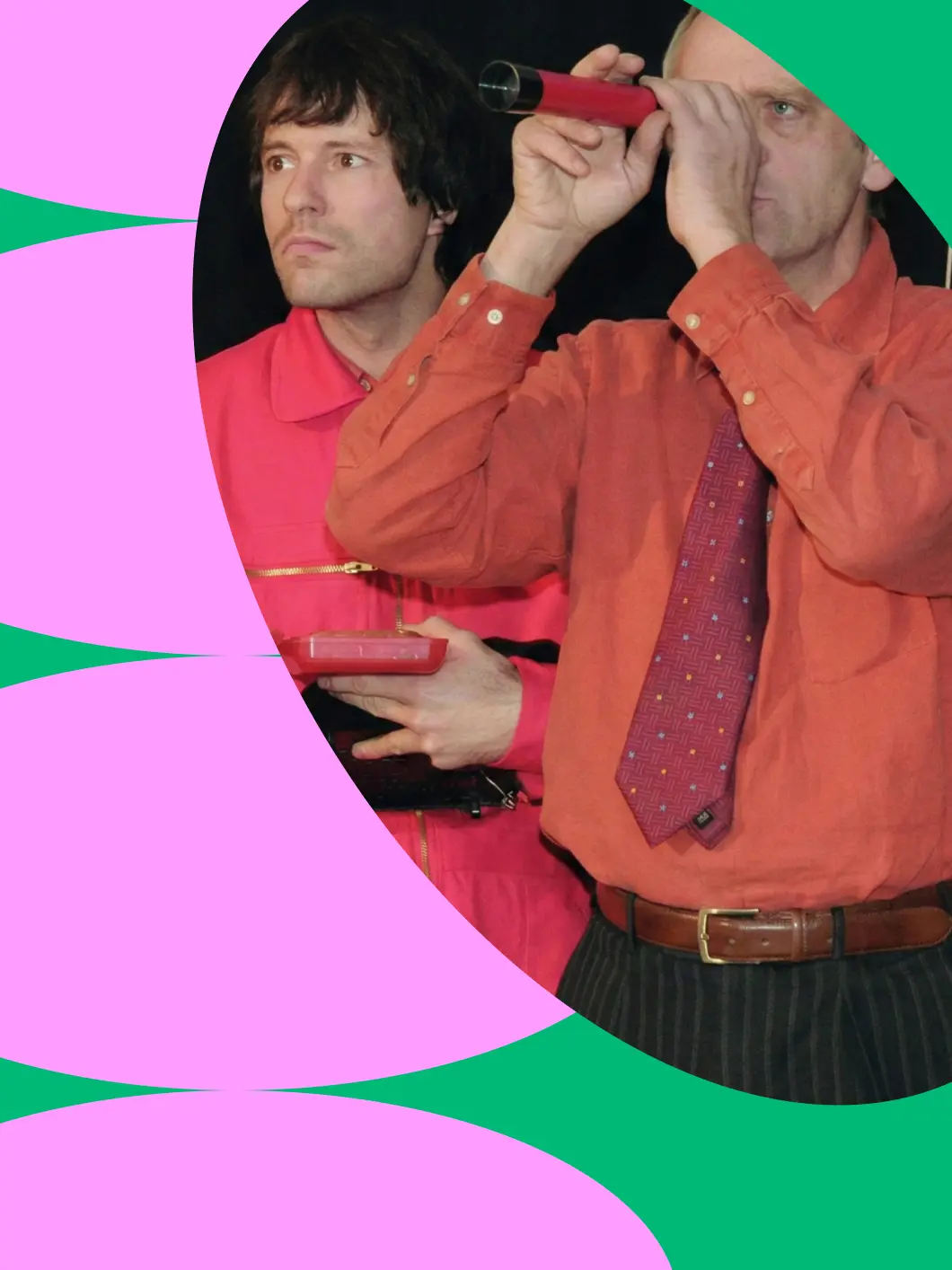 Two actors in a forum theater scene with props