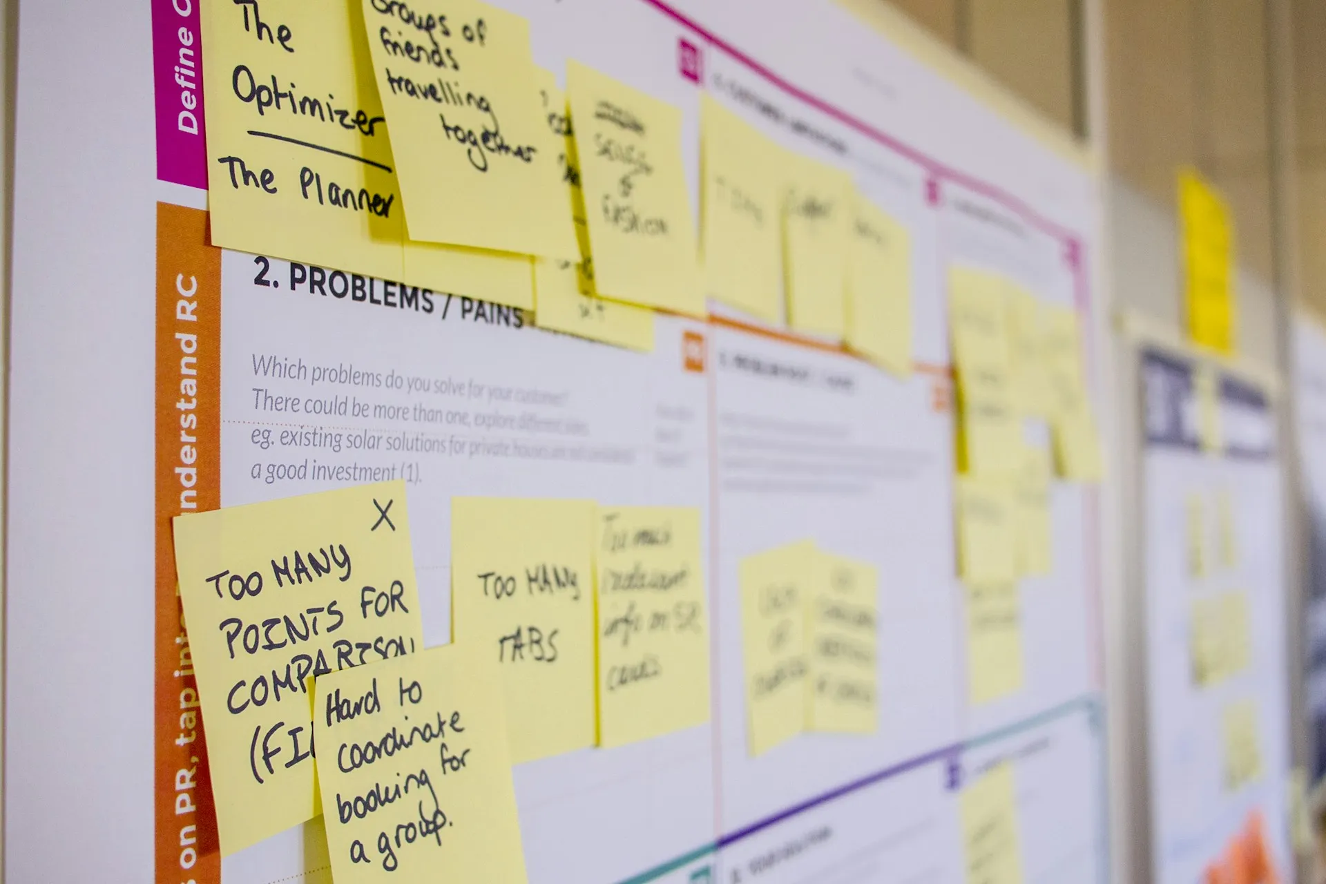 Storyboard with cards and notes on a pinboard